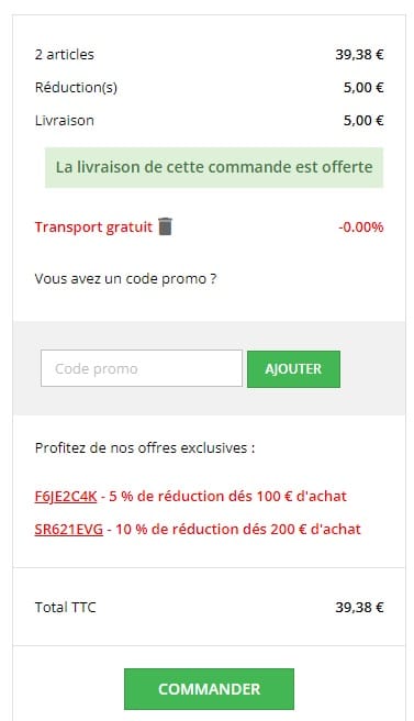 champ pour renseigner un code promo sur les trésors d'érable
